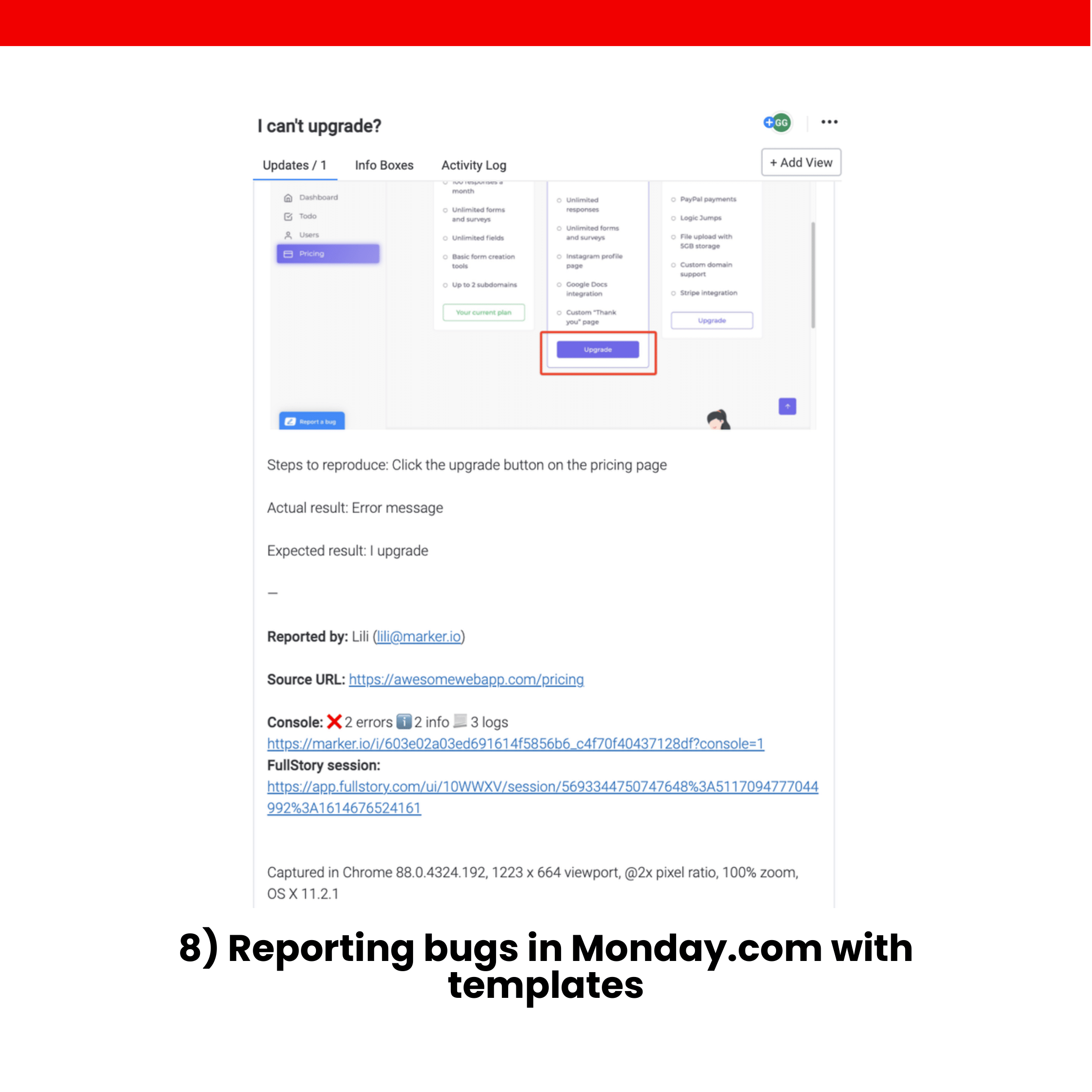 8) Reporting bugs in Monday.com with templates