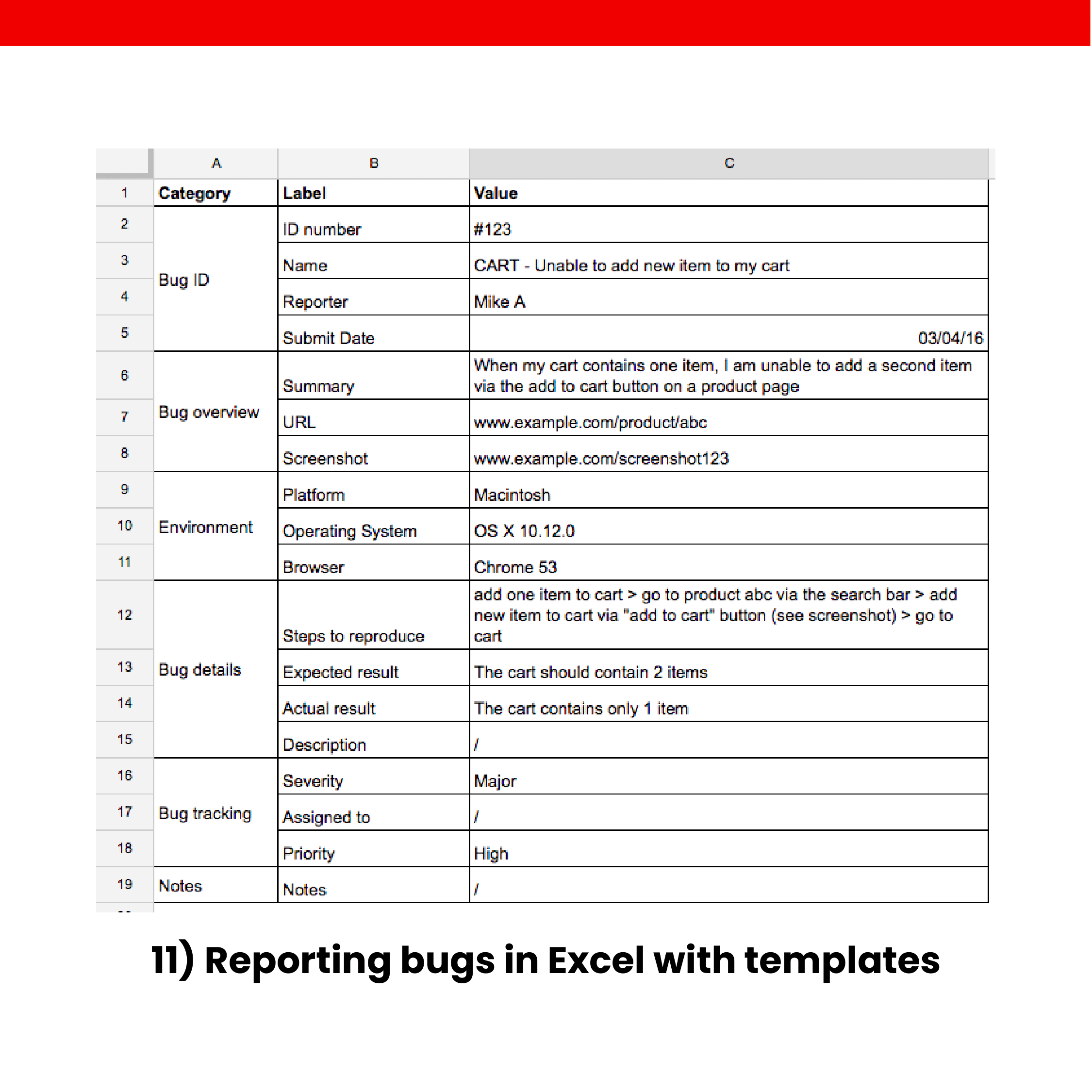 11) Reporting bugs in Excel with templates